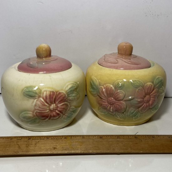 Pair of USA Pottery Lidded Canisters with Embossed Floral Design