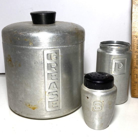 Retro Aluminum Grease Jar with Lid & Salt & Pepper Shakers