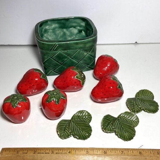 Pretty Hand Painted Ceramic Strawberry Figurines with Leaves & Basket