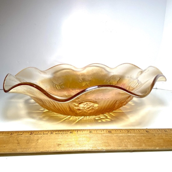 Vintage Iris & Herringbone Marigold Iridescent Bowl with Ruffled Edge