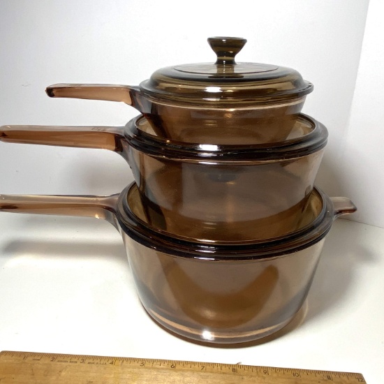 3 Pc Amber Glass Vision Ware Lidded Pot Set