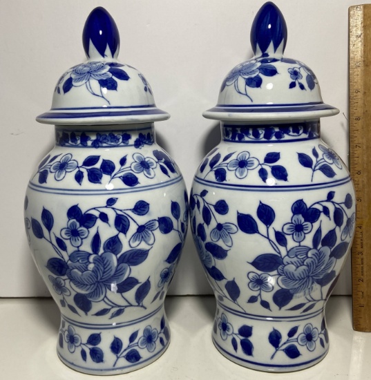 Pair of Blue & White Porcelain Lidded Urns