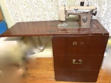 Vintage EMDEKO Sewing Machine with Cabinet & Built in Chair & Large Lot of Misc Sewing Notions