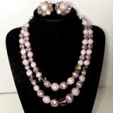 Vintage Double Strand Purple Beaded Necklace with Matching Clip-on Earrings