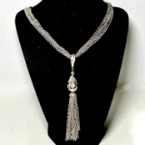 Silver Tone Multi-Strand Necklace with Dangling Tassel
