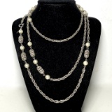 Long Silver Tone Beaded Necklace By Sarah Coventry