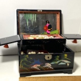 Pretty Black Lacquer Hand Painted Oriental Jewelry Box Full of Jewelry
