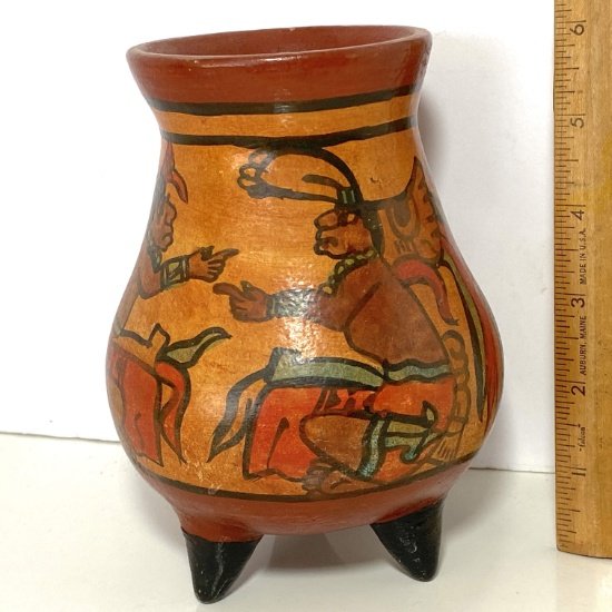 Clay Footed Vase with Hand Painted Native Scene