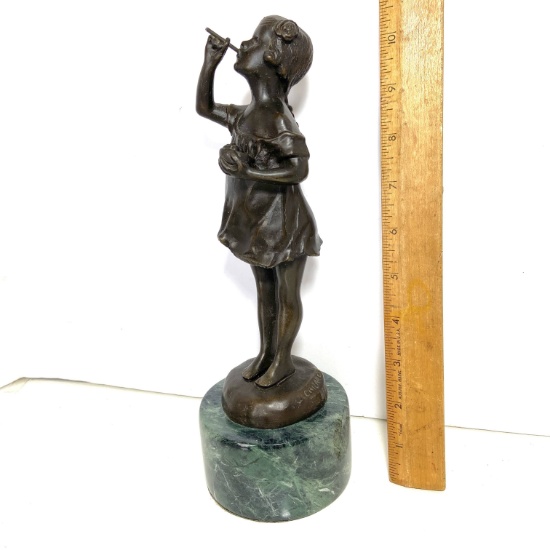 Vintage Crizaro Bronze Statue of Girl Blowing Bubbles on Marble Base