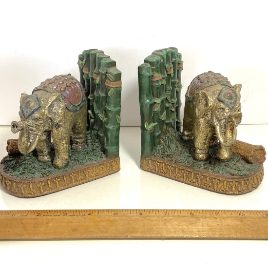 Pair of Oriental Elephant & Bamboo Molded Resin Bookends