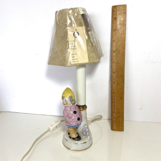 Vintage Porcelain Candle Lamp with Little Girl & New Shade