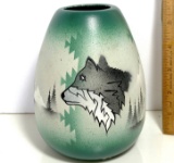 Native American Pottery Vessel with Wolf Scenery Signed on Bottom by Artist