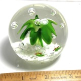 Vintage Glass Paperweight with Palm Tree Center