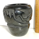 Impressive Native American Black Carved Santa Clara Pottery Vessel By Frances Salazar