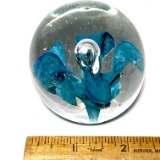 Pretty Turquoise Flower Art Glass Paperweight