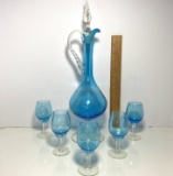 Impressive Blue Glass Decanter with Stopper & 5 pc Stemware