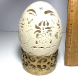 Large Intricately Carved Egg on Brass Stand