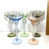 1920s Set of 5 Multi-Colored Champagne Coupes with Twisted Stems