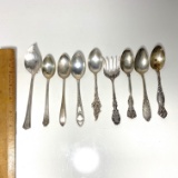 9 pc Sterling Silver Lot with Misc Antique Spoons & Fork