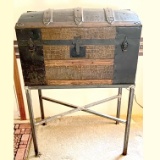 RARE Vintage Camel Back Trunk with Alligator Embossed Metal Pattern On Stand