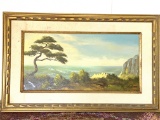 Vintage Japanese Bonsai Tree Scene Oil Painting Signed “C.H. Chan” in Wooden Frame