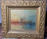 Antique Framed Ship on Ocean Oil Painting in Ornate Frame