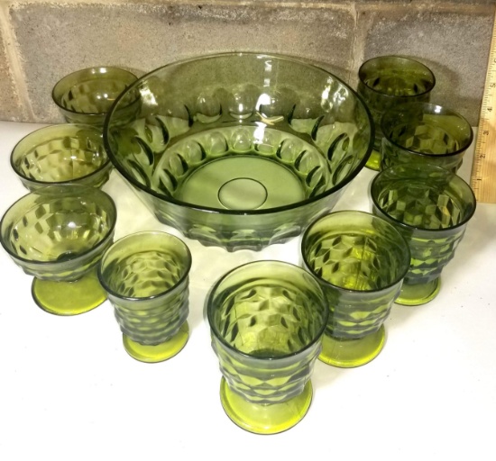 Set of 10 Indiana Whitehall Green Glasses and Large Bowl