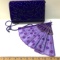 Purple Michelle Stuart Sequins Clutch Bag with Long Strap and Purple Lace Fan