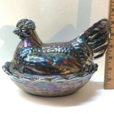 Very Large Fenton Carnival Glass Hen On Nest