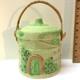 50’s Early 60’s Black Letter Japan Green Cottage Biscuit Jar W/Wicker Handle