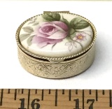 Small Porcelain Rose Gold Toned Filigree Pill Box