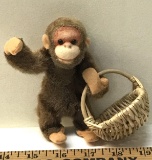 Vintage Poseable Mohair Miniature Monkey with Handmade Miniature Basket