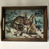 Wooden Bunny Rabbits in the Snow Serving  Tray