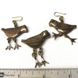 Handmade Bronze Bird Dangle Brooch with Matching Earrings