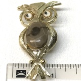 Darling Owl Brooch with Movable Eyes and Polished Agate Body