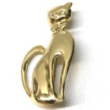 Gold Tone Exquisite Kitty Brooch with Bright Rhinestone Eyes