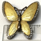 Unusual Vintage Bronze Butterfly with Yellow Enamel Coating and Rhinestone Trim