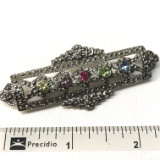 Nice Long Silvertone Brooch with Multi Colored Settings
