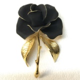 Vintage Gerrito Black Rose and Gold Tone Brooch
