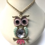 Multi Colored Owl Pendant on Gold Tone Chain