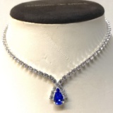 Small Delicate 1970s Rhinestone Necklace with Blue Teardrop Pendant