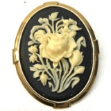 Black and Gold Tone Cameo Style Brooch with White Roses