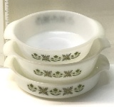 Vintage 3 Piece Fire King Anchor Hocking Green Meadow Pyrex Casserole Dishes