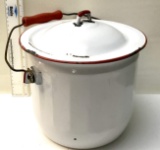 Vintage White Enamel Stock Pot with Lid with Red Trim