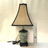 Green Lamp with Tan Shade and Etched Leaf Design