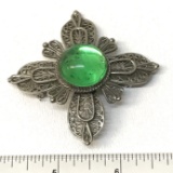 Silver Tone Flower Brooch with Green Stone