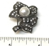 Silver Tone Flower Brooch with Clear Stones & Faux Pearl