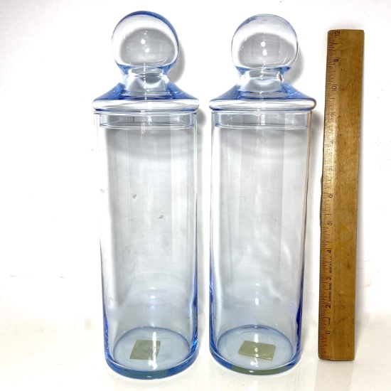 Pair of Blue Glass Tall Apothecary Style Lidded Jars