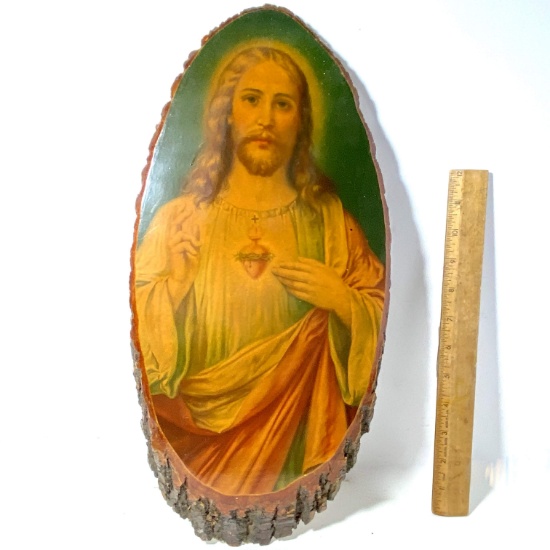Sacred Heart of Jesus Wall Hanging on Tree Slice
