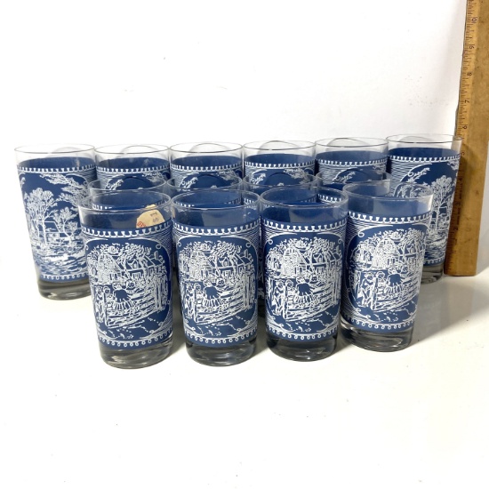 Vintage Set of Currier & Ives Glasses - 6 Large & 8 Short